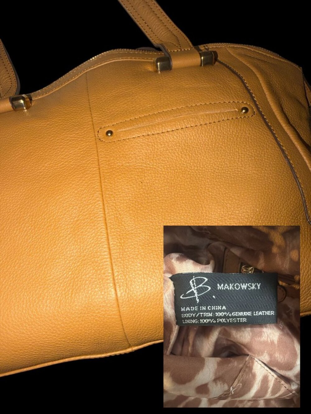 B Makowsky Shoulder Satchel Tan Pebbled Leather Brass Whipstitch Front Zip Bag - Picture 8 of 9